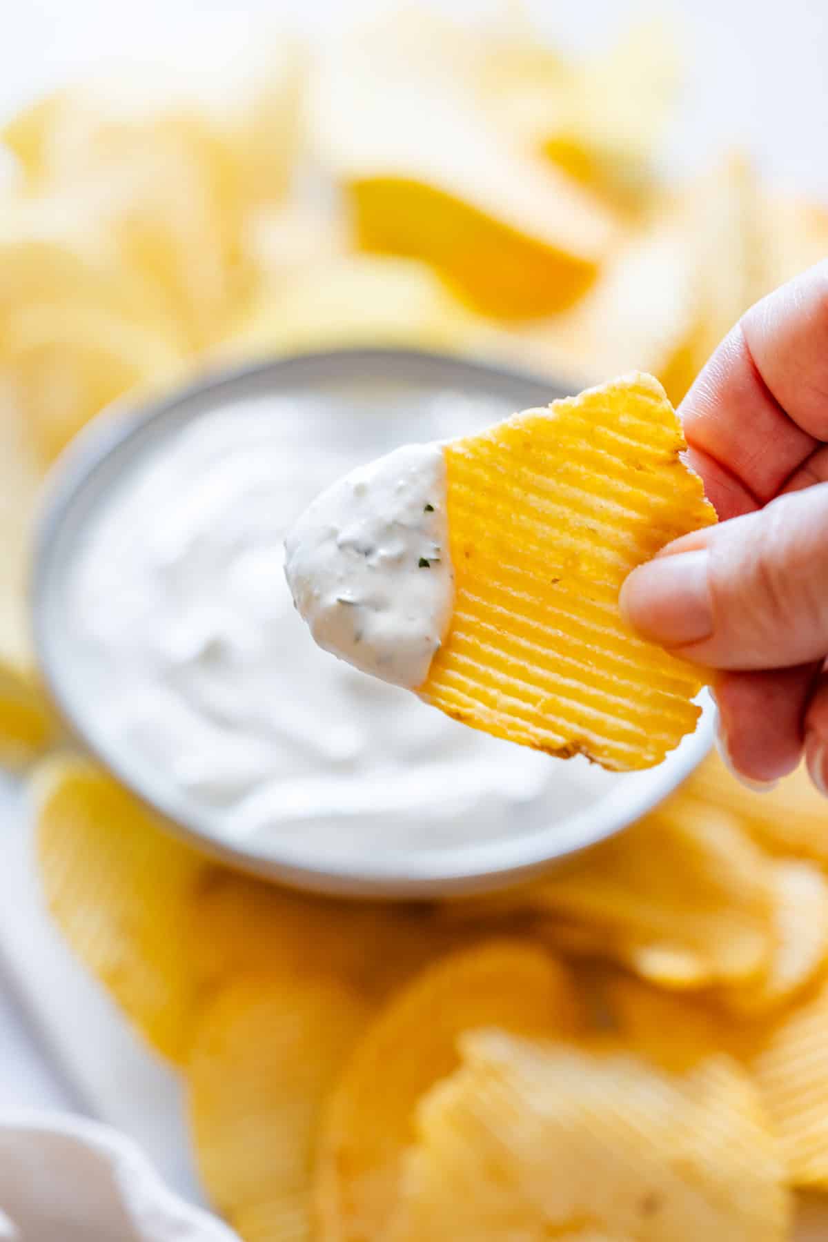 Hand holding crinkle cut potato chip with dip.