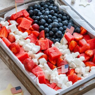 Fourth of July fruit platter with red, white and blue colors.