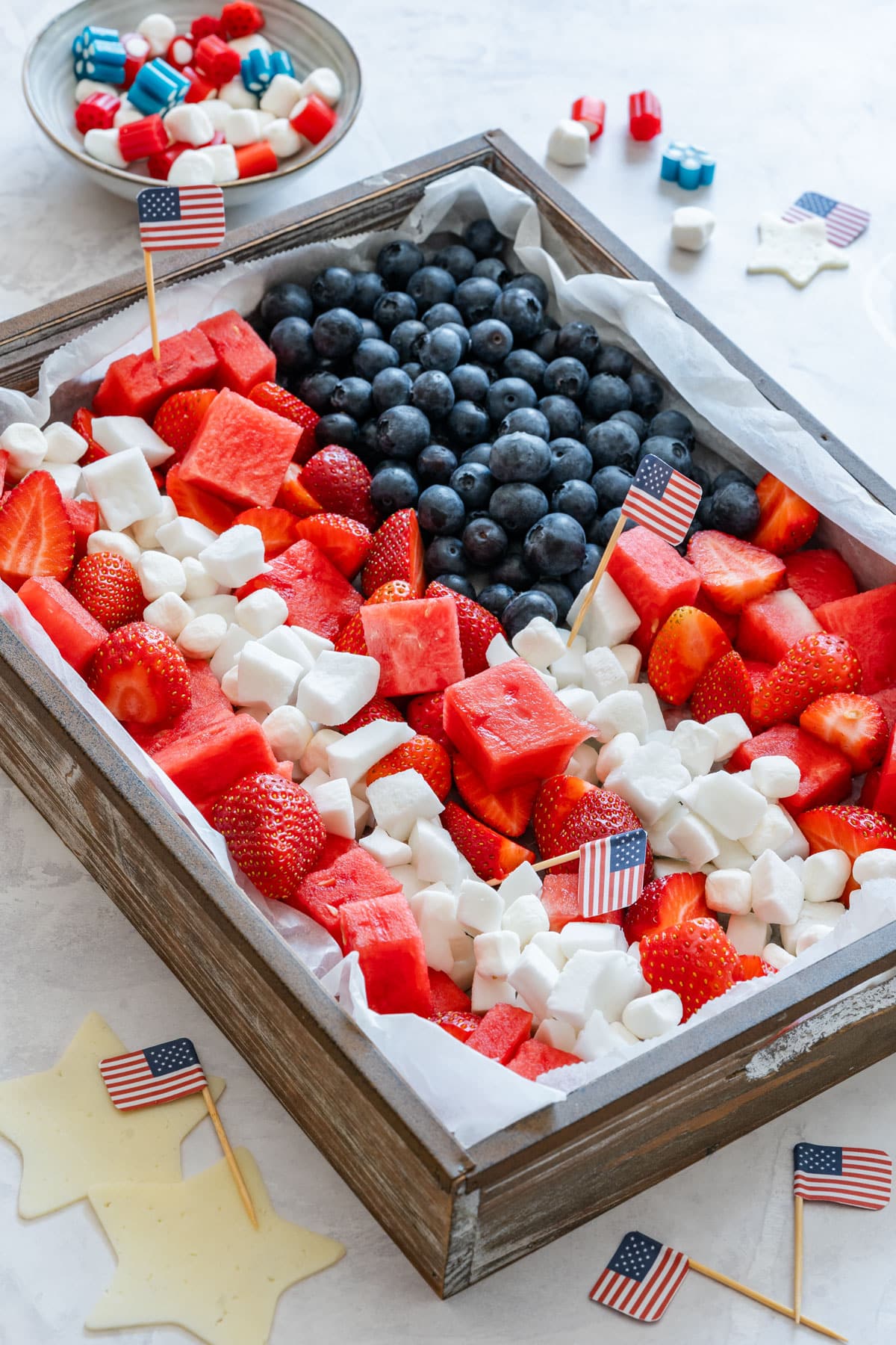 Fourth of July fruit platter with red, white and blue colors.