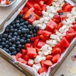 Independence Day fruit platter with little flags of the United States.