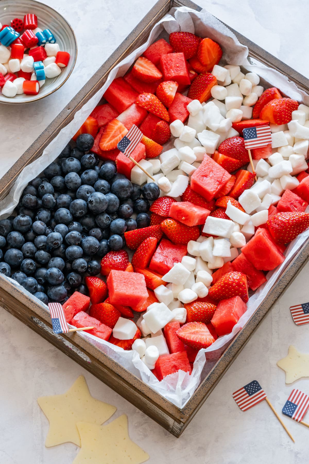 Independence Day fruit platter with little flags of the United States.