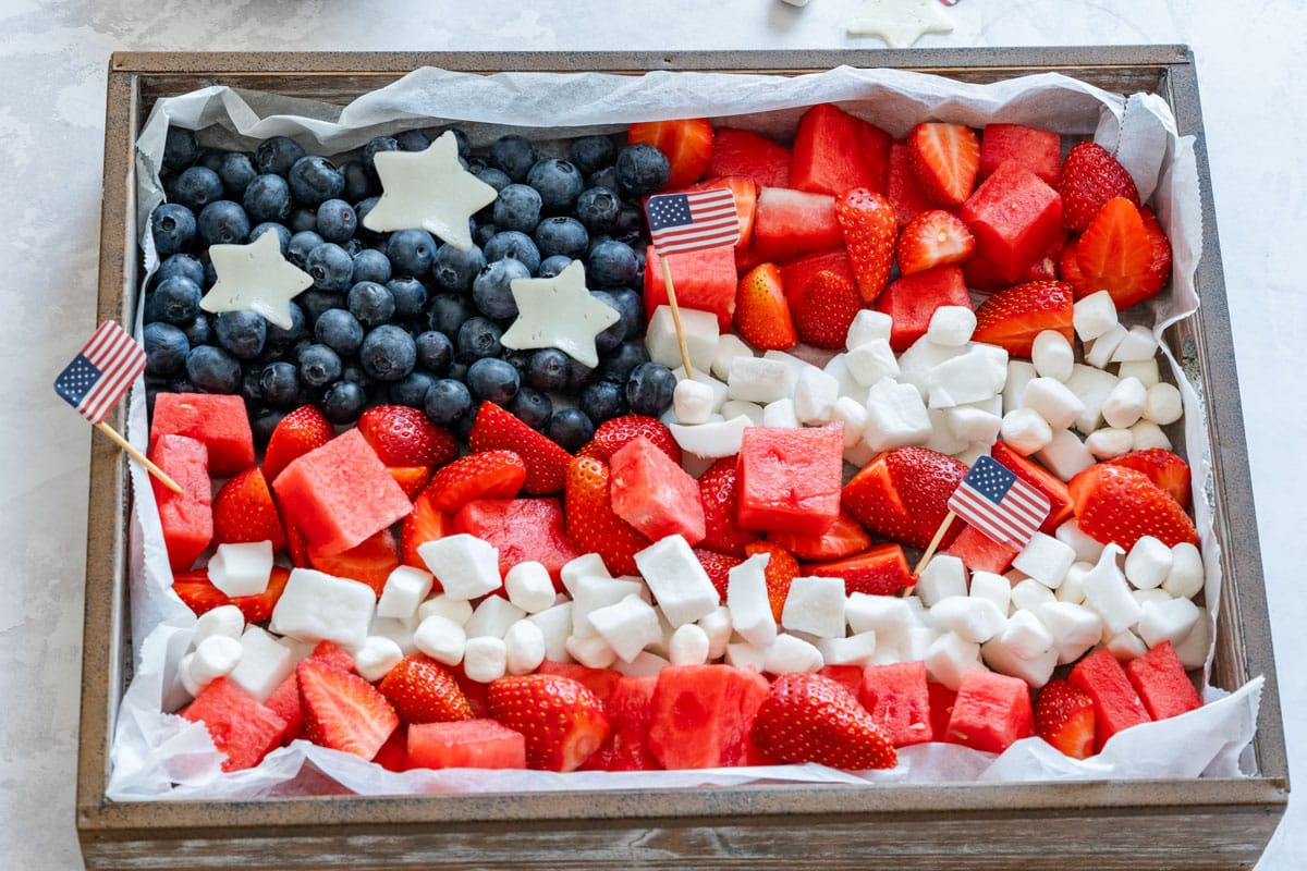 Patriotic fruit tray for celebrating Independence Day.