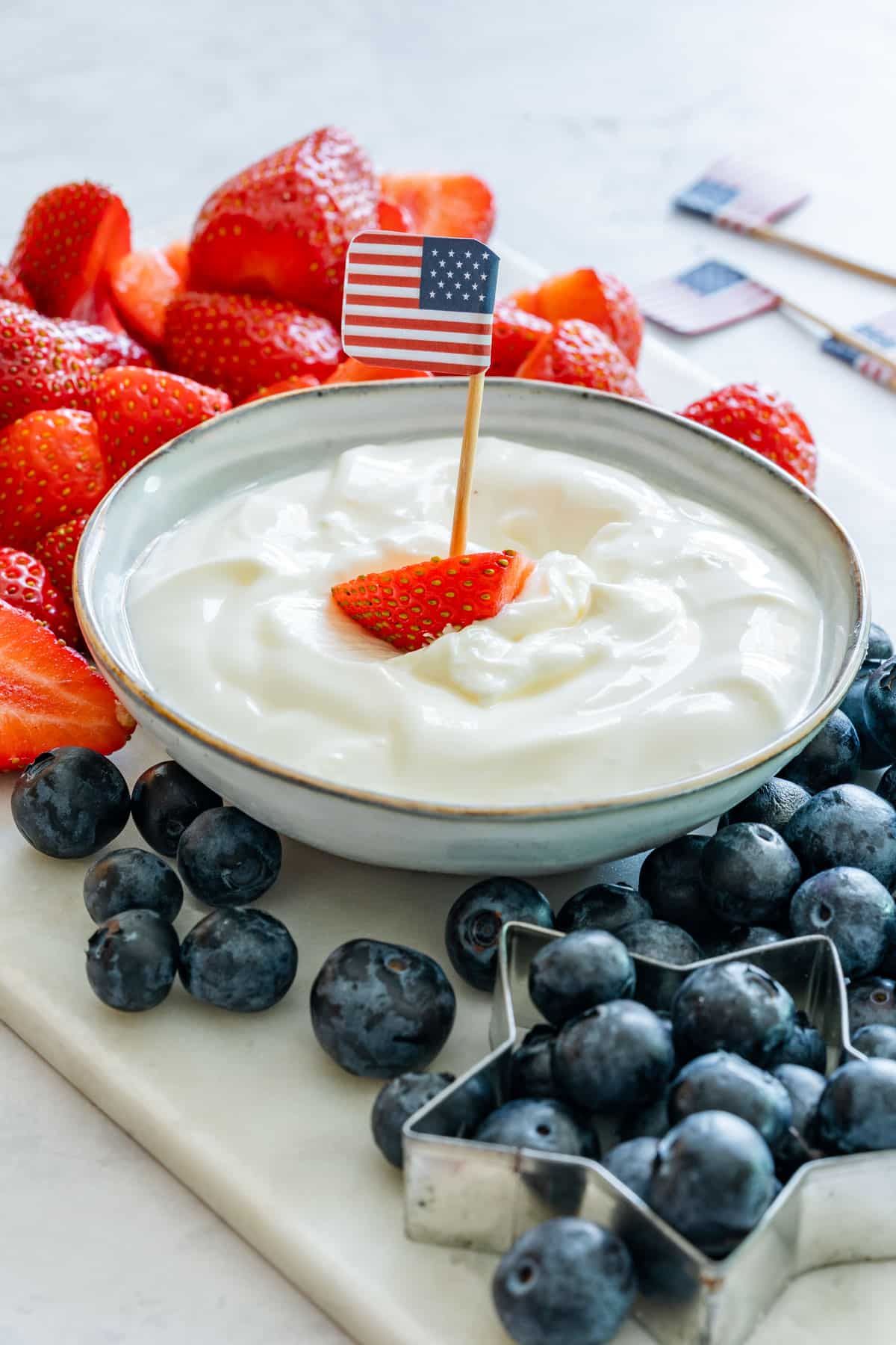 American flag and strawberry with yogurt fruit dip.