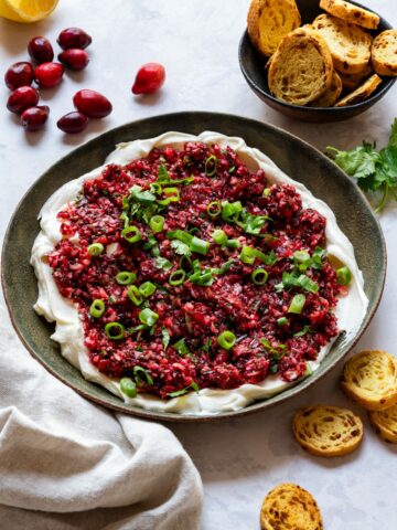 Homemade cranberry cream cheese dip topped with fresh cranberries, spring onions and jalapeno.