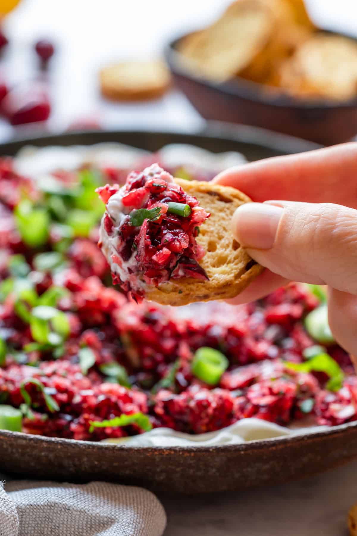 A hand holds a crostini topped with fresh cranberry cream cheese dip.