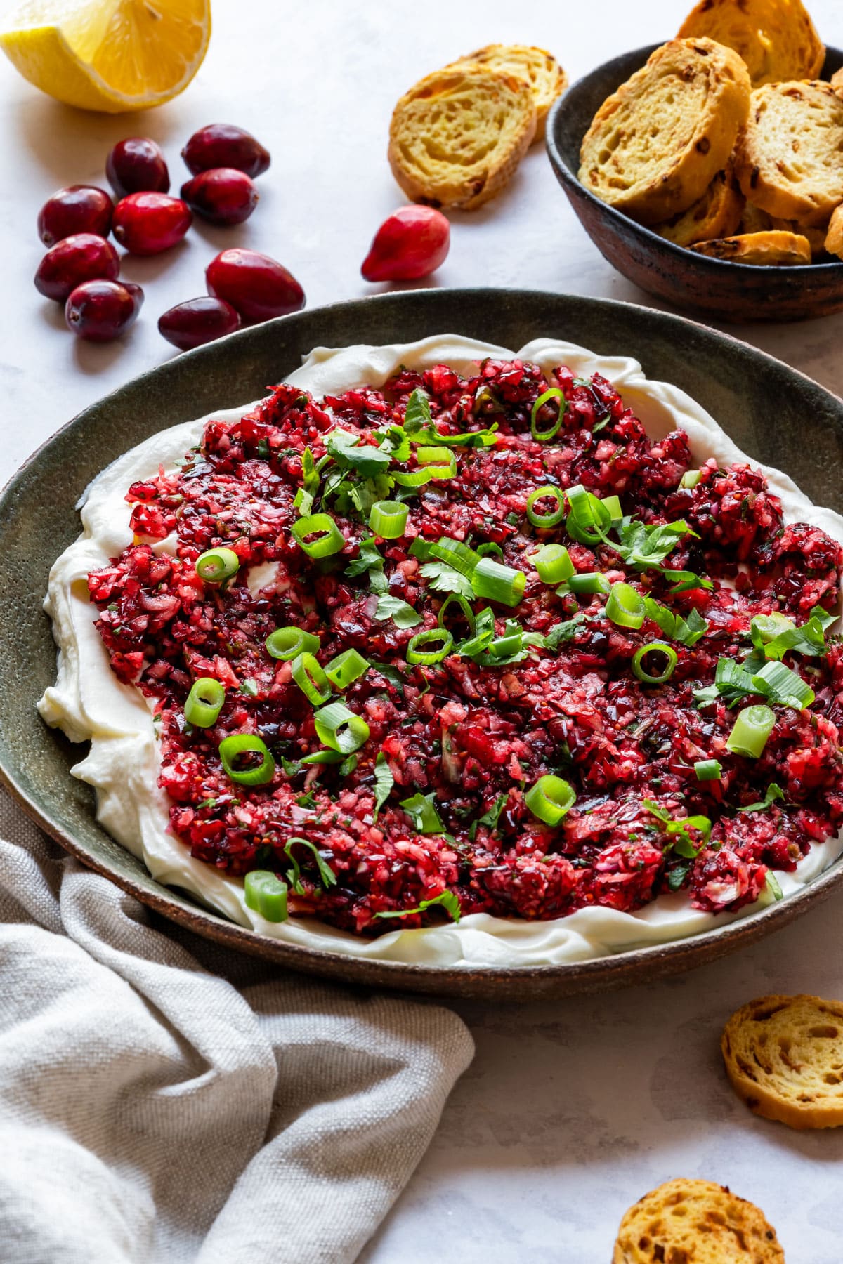 Cranberry cream cheese salsa dip garnished with green onions, surrounded by cranberries, lemon and bread slices.