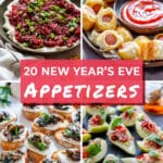 A collage of four New Year's Eve appetizers with the text "20 New Year's Eve Appetizers".