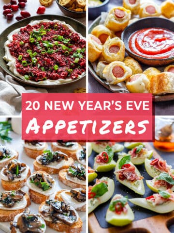 A collage of four New Year's Eve appetizers with the text "20 New Year's Eve Appetizers".