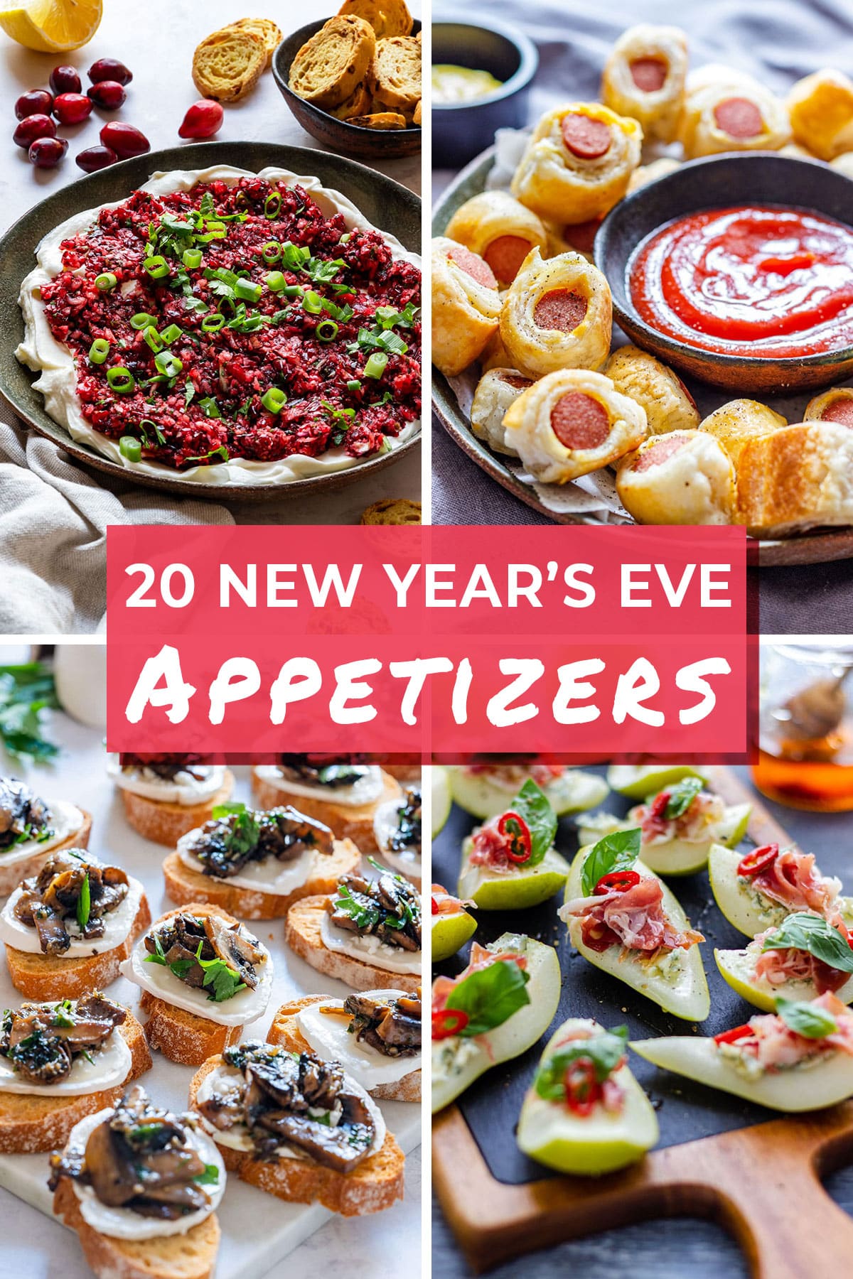 A collage of four New Year's Eve appetizers with the text "20 New Year's Eve Appetizers".