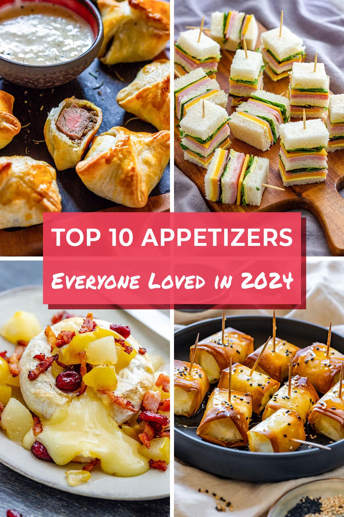 A collage of four appetizers with the text "Top 10 Appetizers Everyone Loved in 2024".