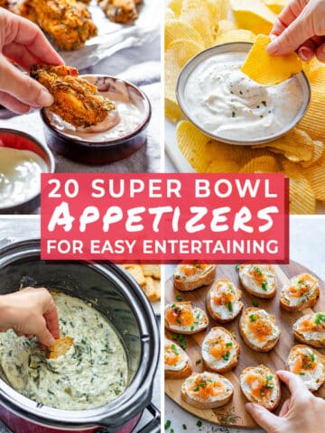 A variety of Super Bowl appetizers, including chicken wings, chips with dip, spinach dip and smoked salmon crostini.